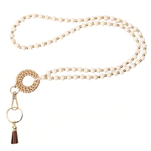 Qzakce Schlüsselband Hölzerne Perlen Umhängeband Schlüsselband Neck Lanyard für Schlüssel Ausweis Kreditkarten Näherungsschlüsselkarten Führerscheine, Beige von Qzakce