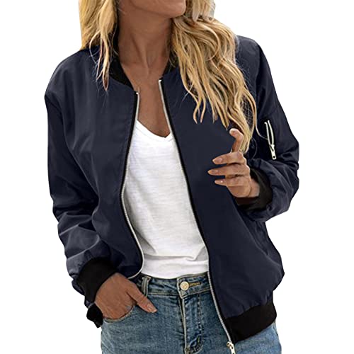 Bomberjacke Damen Kurze Blouson Jacke - Casual Pilotenjacke Langarm Outwear übergangsjacke Zip Up Solid Leichte Coat Sweatjacke Frühlingsjacke College Jacke Kunstlederjacke Bikerjacke Motorradjacke von Qzeanxy