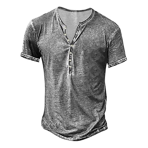 Qzeanxy Henley Shirt Herren Hemd Langarm/Kurzarm Männer Freizeithemd Vintage Casual Leicht Baumwolle Slim Fit V Ausschnitt T-Shirt Sommer Oberteile Einfarbig Mode Basic Tshirt von Qzeanxy