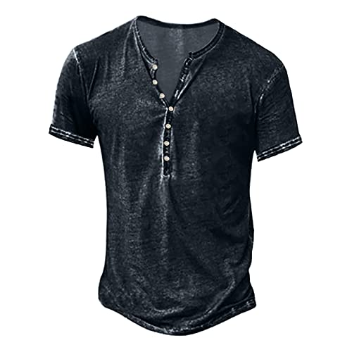 Qzeanxy Henley Shirt Herren Hemd Langarm/Kurzarm Männer Freizeithemd Vintage Casual Leicht Baumwolle Slim Fit V Ausschnitt T-Shirt Sommer Oberteile Einfarbig Mode Basic Tshirt von Qzeanxy