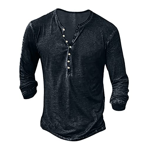 Qzeanxy Henley Shirt Herren Hemd Langarm/Kurzarm Männer Freizeithemd Vintage Casual Leicht Baumwolle Slim Fit V Ausschnitt T-Shirt Sommer Oberteile Einfarbig Mode Basic Tshirt von Qzeanxy
