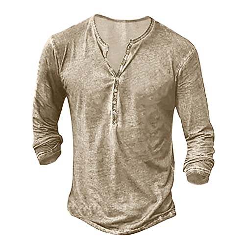 Qzeanxy Henley Shirt Herren Hemd Langarm/Kurzarm Männer Freizeithemd Vintage Casual Leicht Baumwolle Slim Fit V Ausschnitt T-Shirt Sommer Oberteile Einfarbig Mode Basic Tshirt von Qzeanxy