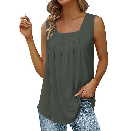 Qzeanxy Tank Top Damen Quadratischer Hals 2024 Trendy Ärmellose Oberteile Tunika Blusentops Elegant Leicht Und Luftig Shirts Trägershirt Sommer Mit Falten Lockere Tops Für Damen von Qzeanxy