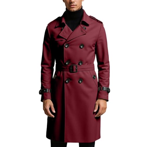 Trenchcoat Herren Zweireiher - Langmantel Slim Fit mit Gürtel Revers für Business Casual Anzugjacken Herbst Winter Lange Jacke Warme Windbreaker Outdoor Stilvoll Lang Mantel Leichter Kälteschutz von Qzeanxy