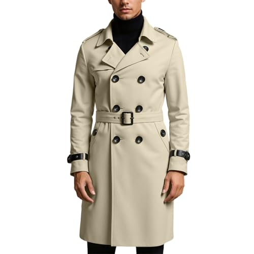Trenchcoat Herren Zweireiher - Langmantel Slim Fit mit Gürtel Revers für Business Casual Anzugjacken Herbst Winter Lange Jacke Warme Windbreaker Outdoor Stilvoll Lang Mantel Leichter Kälteschutz von Qzeanxy