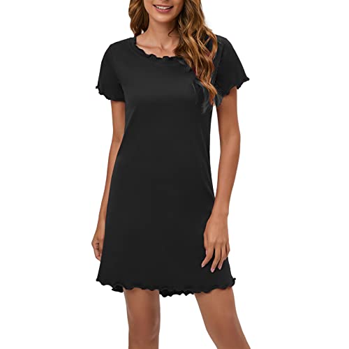 Qzqetet Damen Nachthemd Kurzarm Nachtwäsche Negligees Schlafhemd Kurzarm Schlafshirt T-Shirt Sleepshirt Größen Schwarz L von Qzqetet