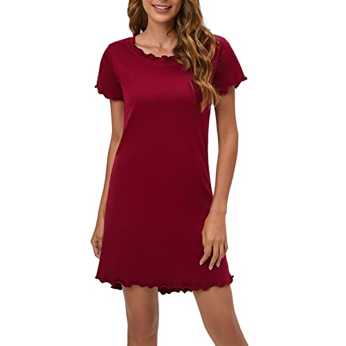 Qzqetet Damen Nachthemd Kurzarm Nachtwäsche Negligees Schlafhemd Kurzarm Schlafshirt T-Shirt Sleepshirt Größen Weinrot L von Qzqetet