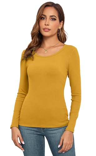 Qzzater Damen Langarm Tops Gerippt Rundhalsausschnitt Slim Fit Unterhemden Layer T-Shirts Bluse, Senf, Mittel von Qzzater