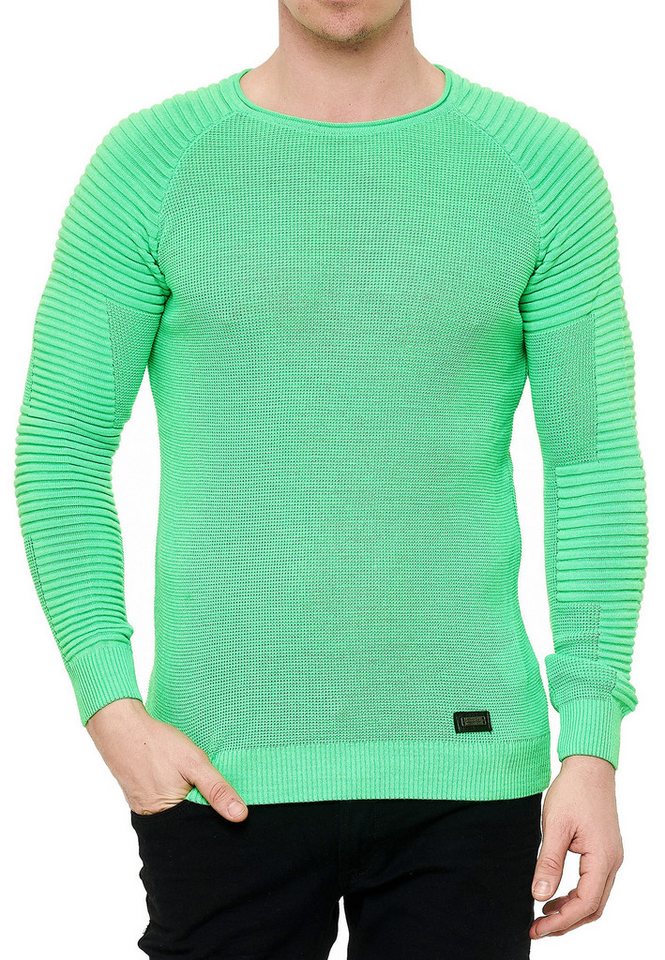 R-NEAL Rundhalspullover Fein-Strick Slim-Fit Biker Strick-Pullover Gerippter Langarm-Pullover von R-NEAL