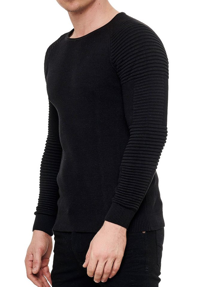 R-NEAL Rundhalspullover Fein-Strick Slim-Fit Biker Strick-Pullover Gerippter Langarm-Pullover von R-NEAL