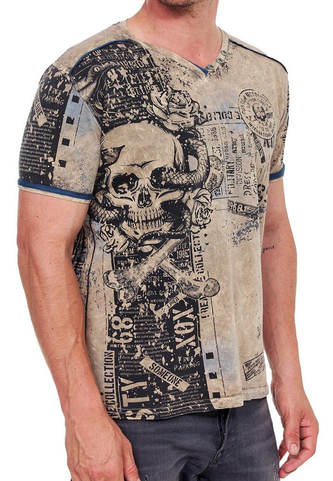 R-NEAL T-Shirt Designer Herren T-Shirt Verwaschen All Over Skull Print Rocker Shirt von R-NEAL