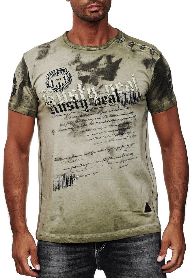 R-NEAL T-Shirt Herren T-Shirt Verwaschen mit Seitlicher Knopfleiste und Front Prints von R-NEAL