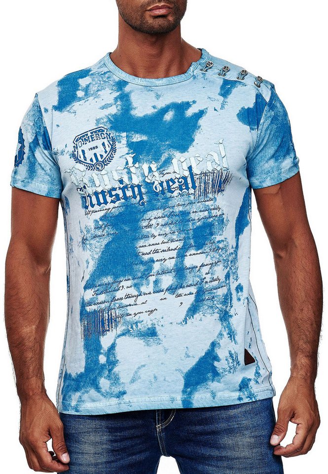 R-NEAL T-Shirt Herren T-Shirt Verwaschen mit Seitlicher Knopfleiste und Front Prints von R-NEAL