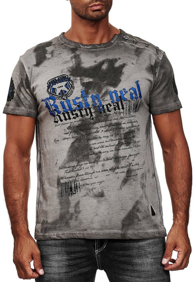 R-NEAL T-Shirt Herren T-Shirt Verwaschen mit Seitlicher Knopfleiste und Front Prints von R-NEAL