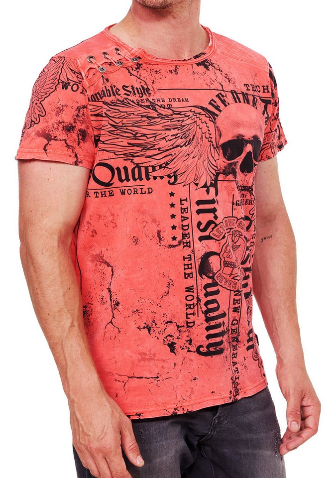R-NEAL T-Shirt Skull Print Oil Washed T-Shirt mit Plakativem Toten-Kopf Aufdruck von R-NEAL