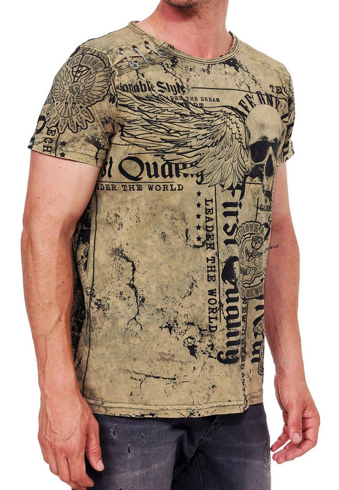 R-NEAL T-Shirt Skull Print Oil Washed T-Shirt mit Plakativem Toten-Kopf Aufdruck von R-NEAL