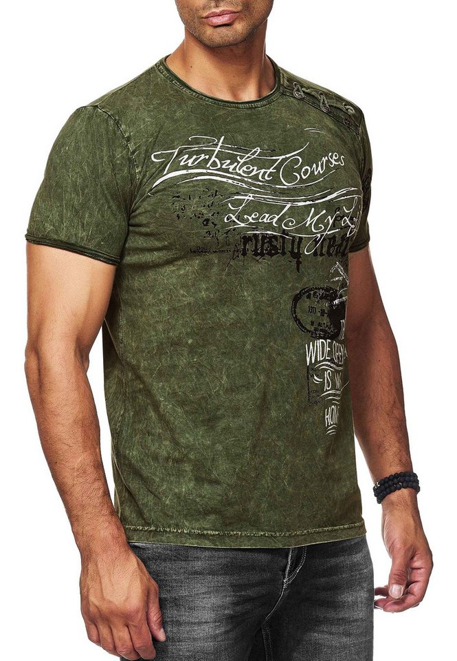 R-NEAL T-Shirt T-Shirt Herren Seitliche Knopfleiste Oil Washed mit Front Print von R-NEAL