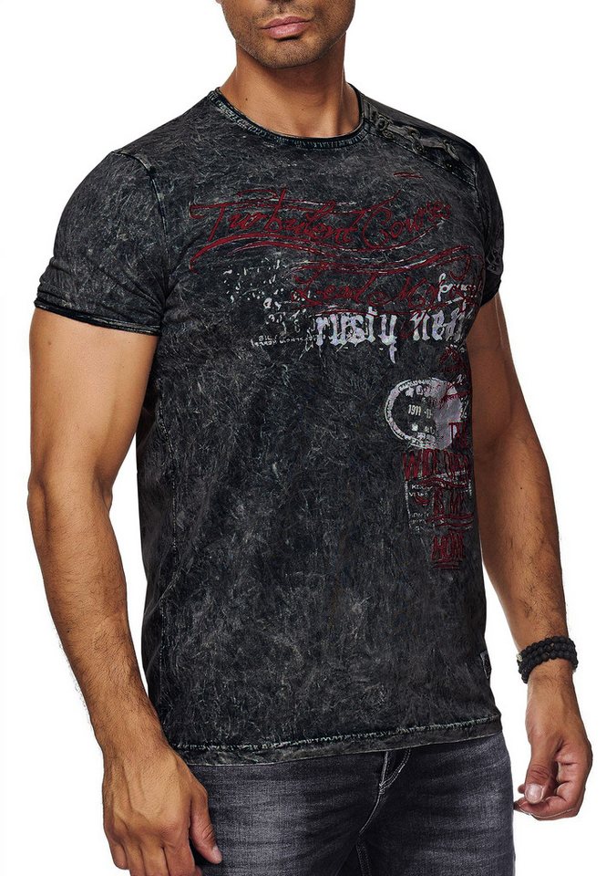 R-NEAL T-Shirt T-Shirt Herren Seitliche Knopfleiste Oil Washed mit Front Print von R-NEAL