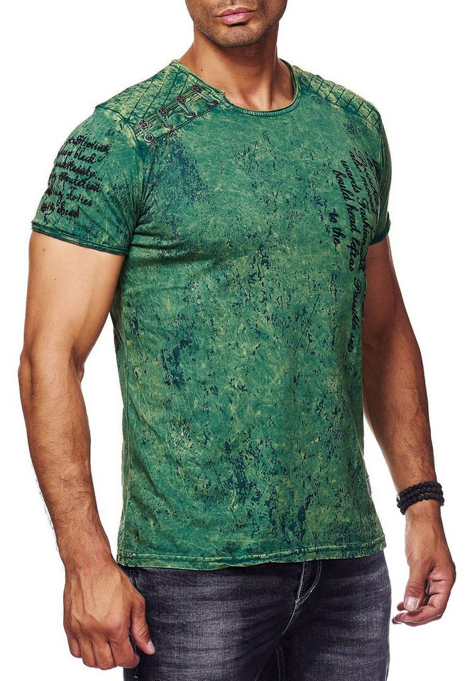 R-NEAL T-Shirt T-Shirt Rundhals mit Seitlicher Knopfleiste Verwaschen und Front Print von R-NEAL