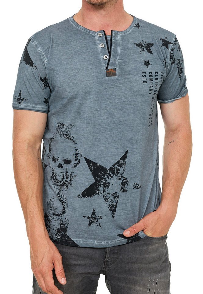 R-NEAL T-Shirt T-Shirt Verwaschen Regular Printed Oil Washed Roundneck S M L XL XXL von R-NEAL