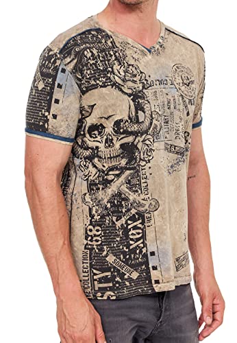 Designer Herren T-Shirt Verwaschen mit All Over Skull Print Totenkopf Rocker T-Shirt Streetwear Vintage Washed Shirt mit V-Neck und Knopfleiste 293, Farbe:Olive, Größe:M von R-Neal