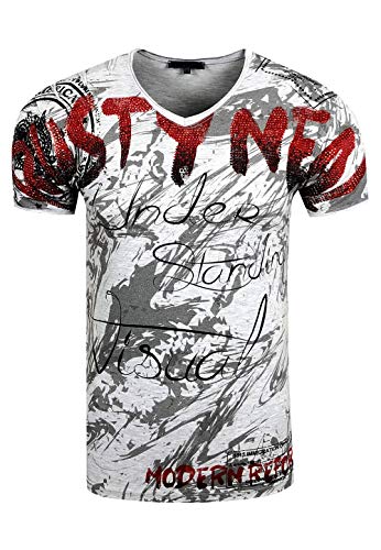 Designer T-Shirt 'Rusty Neal' Party Strass-Steine Shine Shirt All Over Print Streetwear Clubwear 162, Farbe:Grau, Größe:3XL von R-Neal