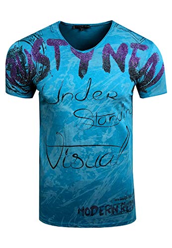 Designer T-Shirt 'Rusty Neal' Party Strass-Steine Shine Shirt All Over Print Streetwear Clubwear 162, Farbe:Petrol, Größe:L von R-Neal