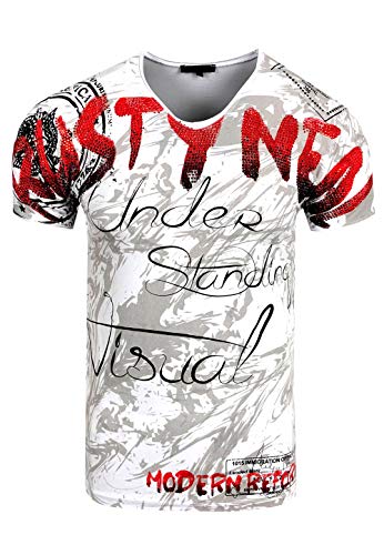 Designer T-Shirt 'Rusty Neal' Party Strass-Steine Shine Shirt All Over Print Streetwear Clubwear 162, Farbe:Weiß, Größe:3XL von R-Neal