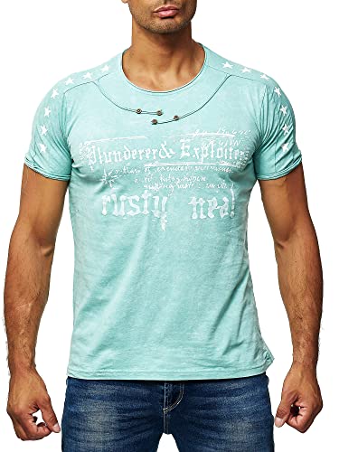 Freizeit Herren T-Shirt Verwaschen 'Oxid Washed' mit Plakativem Front Prints Streetwear Shirt Rundhals 192, Farbe:Mint, Größe:2XL von R-Neal