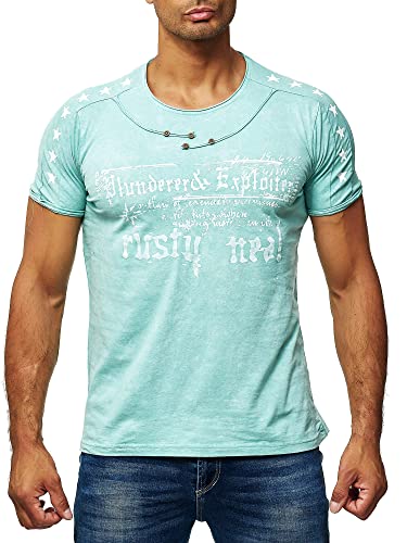 Freizeit Herren T-Shirt Verwaschen 'Oxid Washed' mit Plakativem Front Prints Streetwear Shirt Rundhals 192, Farbe:Mint, Größe:M von R-Neal