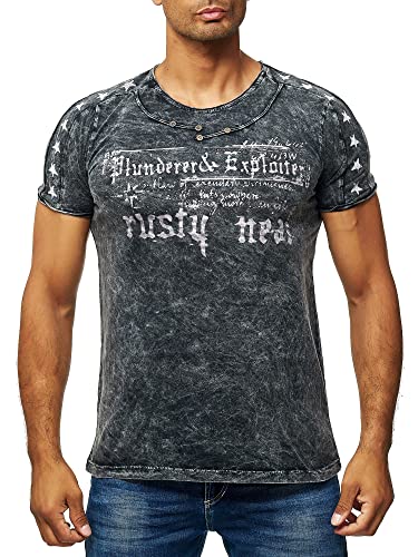 Freizeit Herren T-Shirt Verwaschen 'Oxid Washed' mit Plakativem Front Prints Streetwear Shirt Rundhals 192, Farbe:Schwarz, Größe:XL von R-Neal