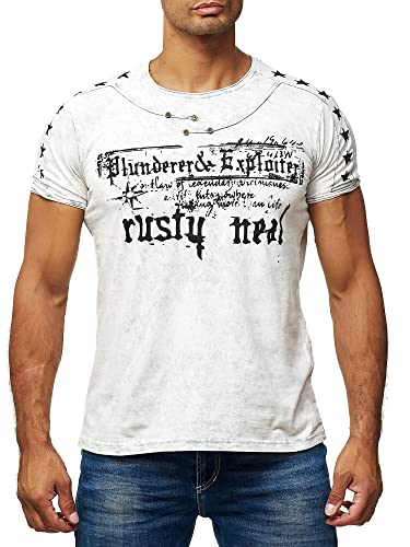 Freizeit Herren T-Shirt Verwaschen 'Oxid Washed' mit Plakativem Front Prints Streetwear Shirt Rundhals 192, Farbe:Weiß, Größe:L von R-Neal