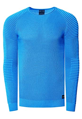 R-Neal Herren Fein-Strick Slim-Fit Biker Strick-Pullover im Individuellem Future Design Langarm-Pullover Rundhals Gerippt 349, Farbe:Blau, Größe:XL von R-Neal