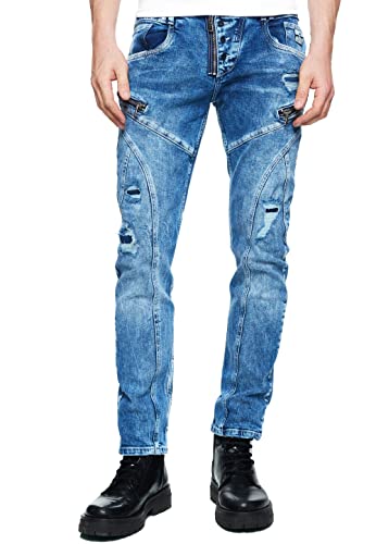 Herren Jeans Hose im Maximum Streetwear Style Naht Reißverschluss Knopf Design Work-Pants Blue Used Slim Fit Destroyed Mens-Jeans 239-2, Farbe:Blau, Hosengröße:29W / 32L von R-Neal