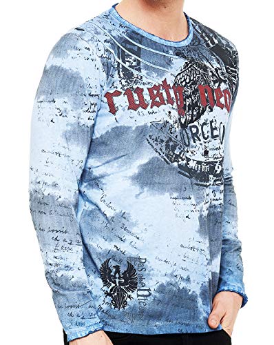 Herren Longshirt Langarm Shirt Longsleeve Verwaschen mit Plakativen Front Print 100% Baumwolle 140, Farbe:Blau, Größe:L von R-Neal