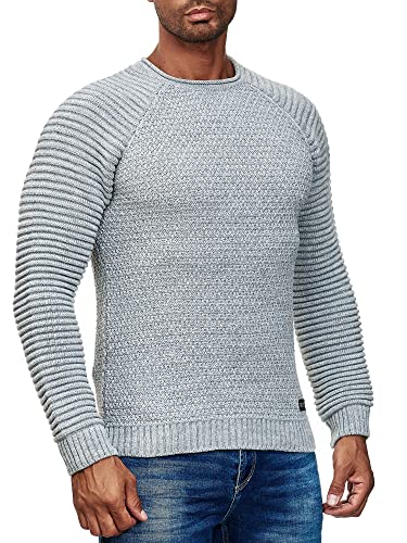 Herren Streetwear Grob Strick Pullover im Biker Style Langarm Rundhals Strickpullover 318, Farbe:Grau, Größe:XL von R-Neal