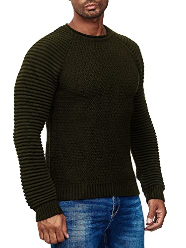 Herren Streetwear Grob Strick Pullover im Biker Style Langarm Rundhals Strickpullover 318, Farbe:Khaki, Größe:4XL von R-Neal