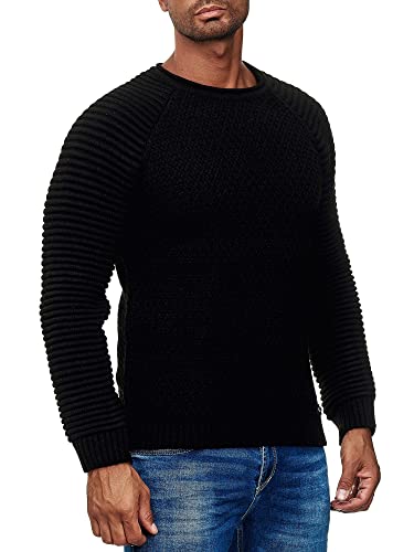 Herren Streetwear Grob Strick Pullover im Biker Style Langarm Rundhals Strickpullover 318, Farbe:Schwarz, Größe:2XL von R-Neal