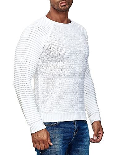 Herren Streetwear Grob Strick Pullover im Biker Style Langarm Rundhals Strickpullover 318, Farbe:Weiß, Größe:XL von R-Neal