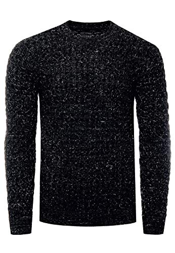 Herren Strick-Pullover Schwerer Grob-Strick Pullover Langarm Kontrast Strick Rundhals Pulli 367, Farbe:Schwarz, Größe:2XL von R-Neal