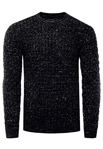 Herren Strick-Pullover Schwerer Grob-Strick Pullover Langarm Kontrast Strick Rundhals Pulli 367, Farbe:Schwarz, Größe:XL von R-Neal