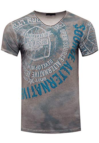 Herren T-Shirt 'Rusty Neal' All Over Print Streetwear V-Neck S M L XL XXL Strass Design Clubwear 163, Farbe:Anthrazit, Größe:L von R-Neal