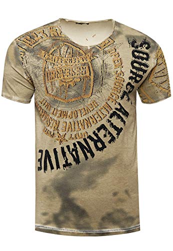 Herren T-Shirt 'Rusty Neal' All Over Print Streetwear V-Neck S M L XL XXL Strass Design Clubwear 163, Farbe:Khaki, Größe:M von R-Neal