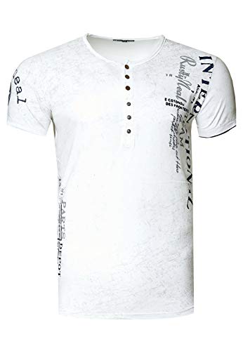Herren T-Shirt Seitlicher Front Druck mit Knopfleiste Vintage Washed Baumwolle Regular Fit 243, Farbe:Weiß, Größe:L von R-Neal