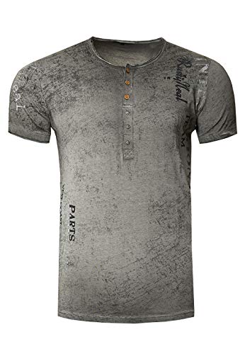 Herren T-Shirt Seitlicher Front Druck mit Knopfleiste Vintage Washed Baumwolle Regular Fit 243, Größe:M, Farbe:Anthrazit von R-Neal