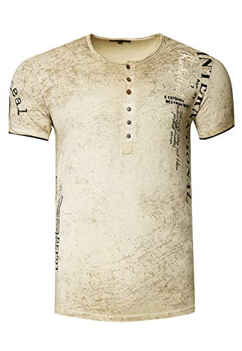 Herren T-Shirt Seitlicher Front Druck mit Knopfleiste Vintage Washed Baumwolle Regular Fit 243, Größe:M, Farbe:Camel von R-Neal