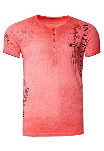 Herren T-Shirt Seitlicher Front Druck mit Knopfleiste Vintage Washed Baumwolle Regular Fit 243, Größe:S, Farbe:Koralle von R-Neal