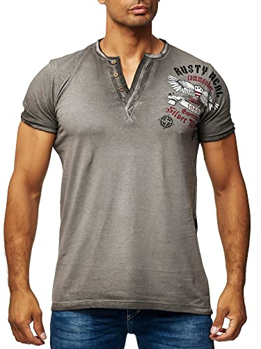 Herren T-Shirt V-Neck mit Knopfleiste Seitlichem Front-Print Rocker-T-Shirt Streetwear Lang-Geschnitten Kurzarm Verwaschen 046, Farbe:Anthrazit, Größe:L von R-Neal