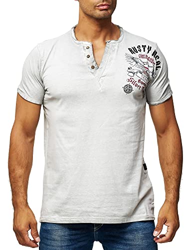 Herren T-Shirt V-Neck mit Knopfleiste Seitlichem Front-Print Rocker-T-Shirt Streetwear Lang-Geschnitten Kurzarm Verwaschen 046, Farbe:Grau, Größe:L von R-Neal