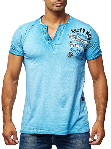 Herren T-Shirt V-Neck mit Knopfleiste Seitlichem Front-Print Rocker-T-Shirt Streetwear Lang-Geschnitten Kurzarm Verwaschen 046, Farbe:Petrol, Größe:L von R-Neal